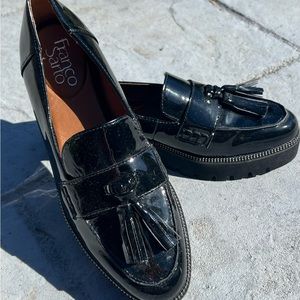 Franco Sarto black Patent Tassle Loafers